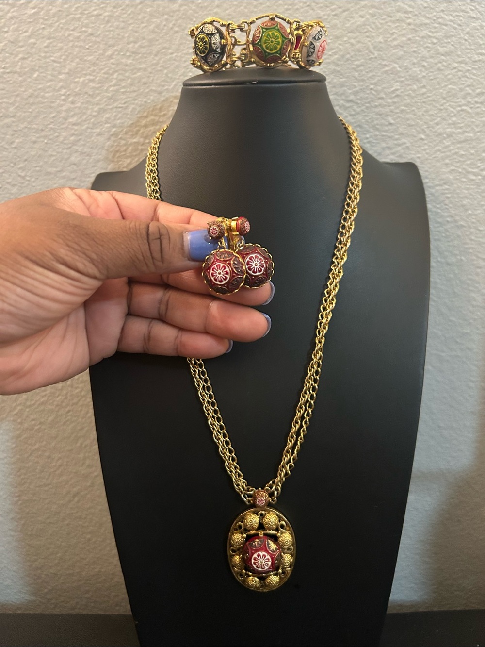Gold-Tone Red Enamel Pendant Necklace with Matching Earrings - Women's Jewelry